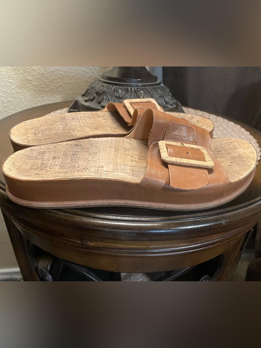Women’s Brown Leather Slide Sandals with Kork Footbed